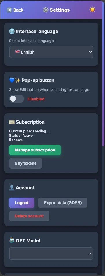 Settings Page